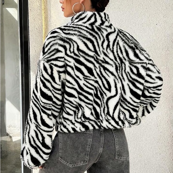 SHEIN Drop Shoulder Zebra Faux Fur Coat - Picture 2 of 5